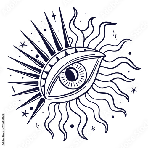 Mystical eye with sun rays line art design