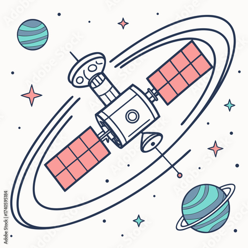 Retro satellite orbiting planet illustration, space