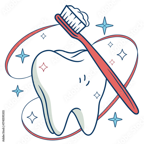Tooth with toothbrush and toothpaste, dental care
