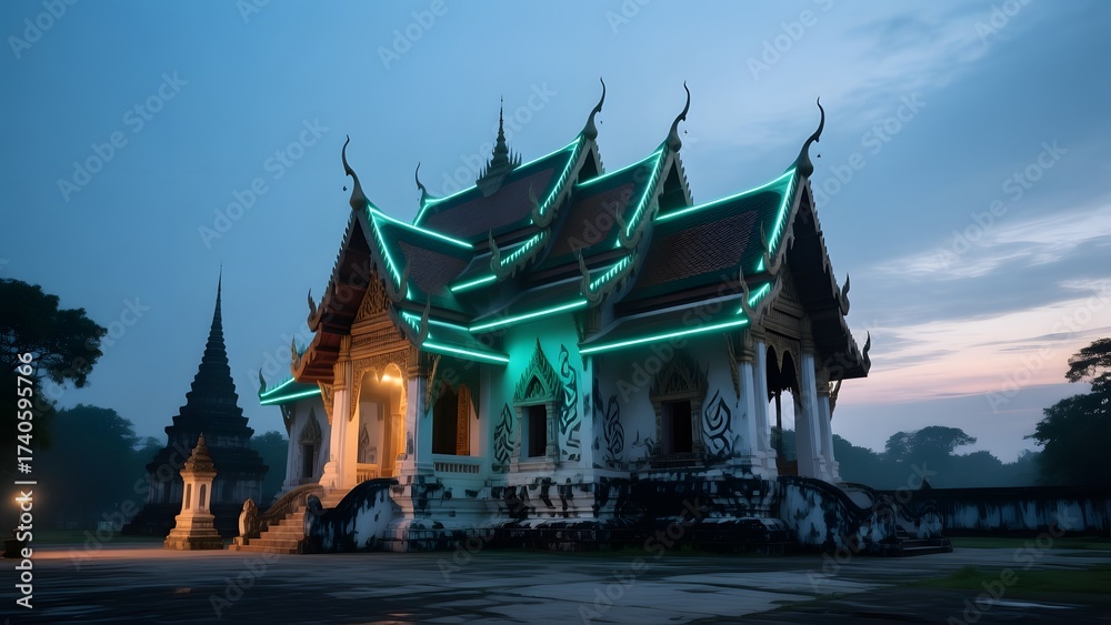 Obraz premium A temple lit up with green lights