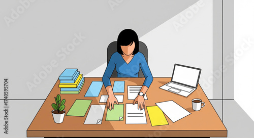 A person sits at a desk, organizing documents and working on a laptop.
