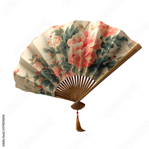 Decorative hand fan with floral design and vibrant colors ideal for traditional and modern aesthetics