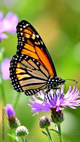 Monarch butterfly perched on a purple flower in a green field