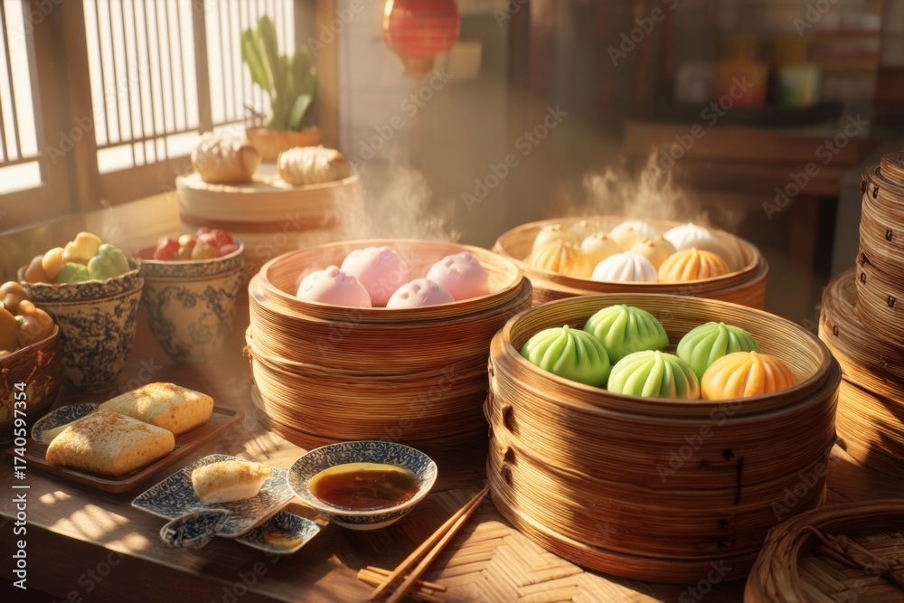 Fototapeta premium Vibrant assortment of colorful dumplings and steamed buns in bamboo steamers, showcasing Asian culinary tradition and culture