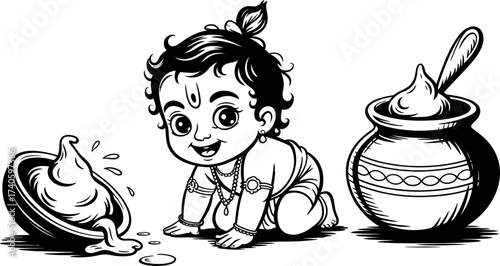 Cute Baby Krishna Crawling with Butter Pots Black and White Vector Art