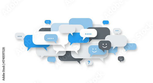 An abstract illustration of overlapping speech bubbles in various shades of blue, gray, and white, some containing text indicators and emoticons.