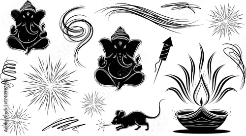 Indian Festival Black Silhouette Collection Ganesha Diya Firework Mouse