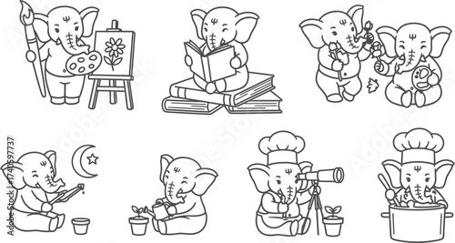 Cute Elephants with Various Hobbies Line Art Collection