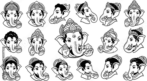 Collection of Ganesha Heads, Hindu Elephant God Line Art Icons
