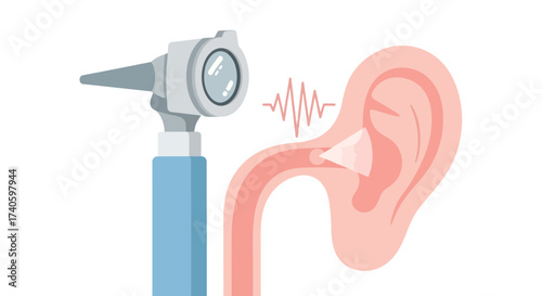 Medical ear checkup using otoscope tool for hearing evaluation and diagnosis illustration