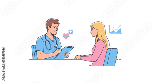 Doctor consulting patient about healthcare, illustrating wellness checkup scenario in a modern