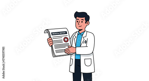 Cartoon style doctor holding medical report displaying professional expertise
