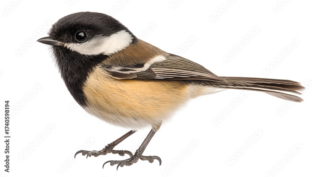 Fototapeta premium A charming blackcapped chickadee perched delicately, its small size and distinctive markings highlighted against an isolated on transparent background, showcasing its unique beauty