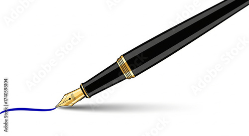 A black fountain pen with gold accents writes a blue line on a white surface.