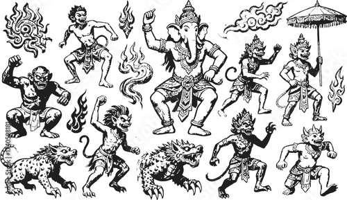 Traditional Asian Mythological Creatures and Figures Illustration Collection