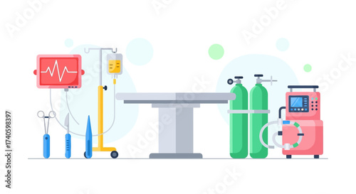 Flat vector illustration of a modern surgery room with various medical equipment