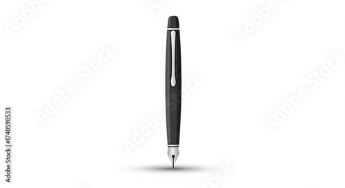 A sleek, black fountain pen stands upright on a white surface, casting a soft shadow below.