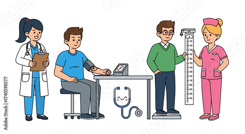 Cartoon illustration depicting routine medical check-ups and patient care encounters in a clinic