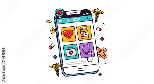 Mobile health application with medical icons depicting healthcare services concept idea