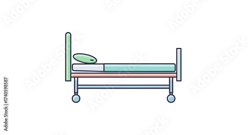 Stylized vector illustration of a hospital bed with pastel color palette and soft shadows