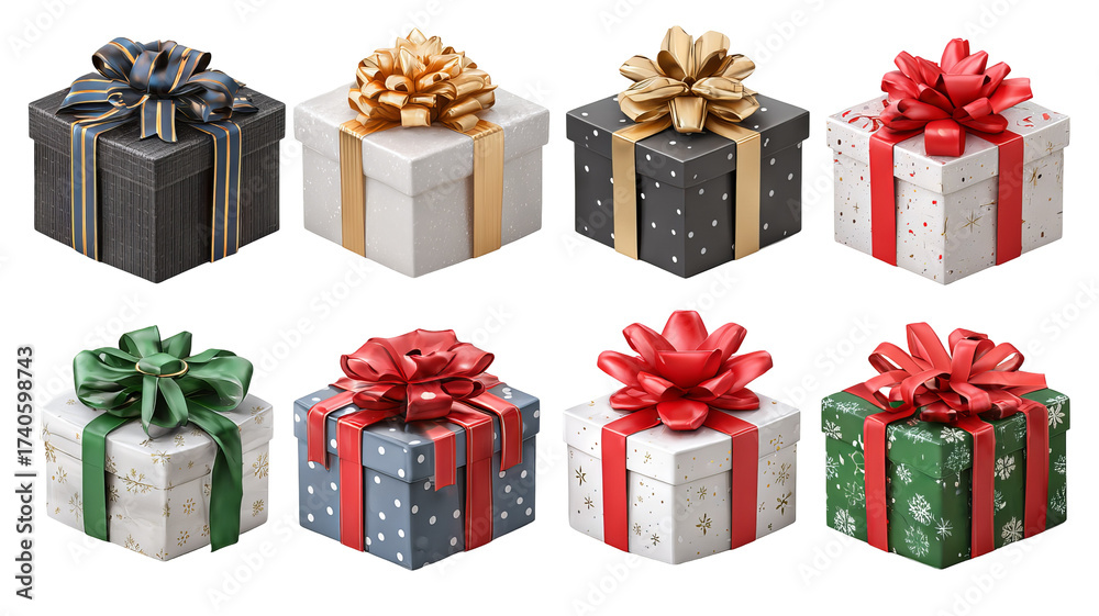 Fototapeta premium Collection of wrapped gift boxes with colorful ribbons and bows festive holiday presents isolated on transparent background png for product mockups greeting cards web banners and retail promotions