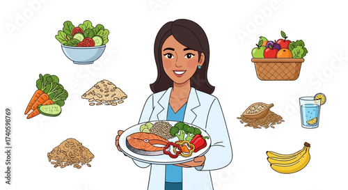 Nutritionist providing balanced diet advice featuring fresh foods and healthy lifestyle choices