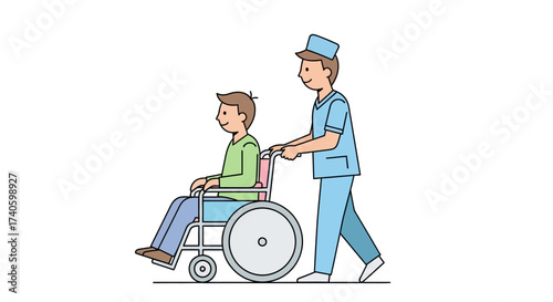 Cartoon illustration depicting nurse pushing a patient in wheelchair assistance service in