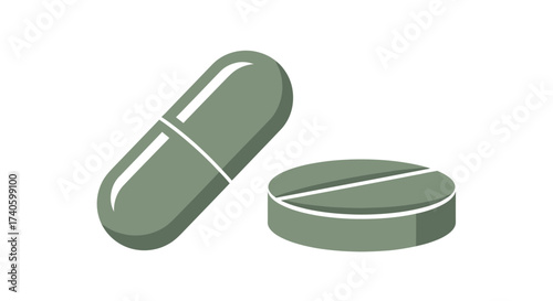 Illustration of pharmaceutical medication with tablet and capsule offering treatment solutions