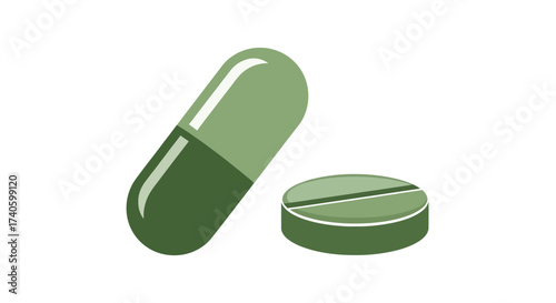 Illustrative medicine concept depicting a capsule and a tablet, in soothing green tones, perfect