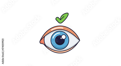 Cartoon eye illustration with a green check mark indicating healthy vision concept