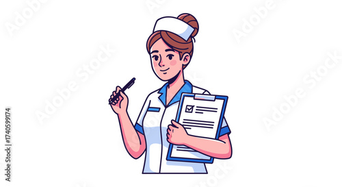 Cheerful nurse cartoon character holding clipboard and pen against a white background