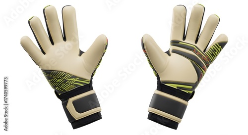 Professional Football Goalkeeper Gloves Isolated. Pair of modern soccer goalie gloves with beige, black, and green accents on a clean white backgro...