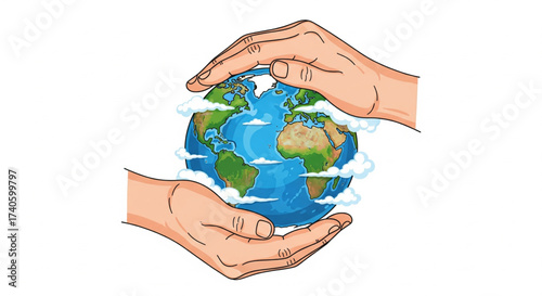 Two hands gently cradle the Earth, symbolizing care and environmental protection.