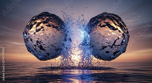 Abstract Futuristic Spheres Colliding in an Ocean Sunset