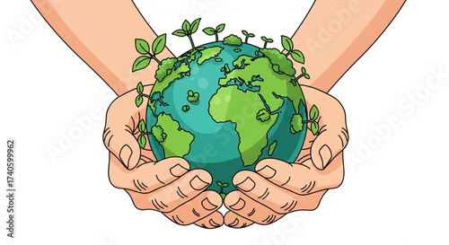 Two hands cradle a cartoon globe, with green landmasses and sprouting plants, symbolizing environmental care.