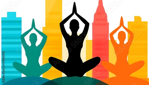 Colorful Yoga Meditation Silhouettes City