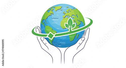 Hands holding a globe with green continents, a plant symbol, and a green orbit, symbolizing environmental care.