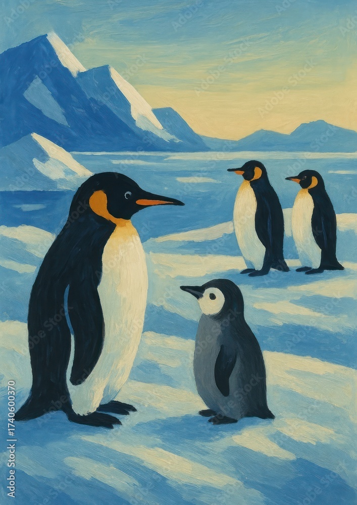 Fototapeta premium Penguins on icy landscape painting.