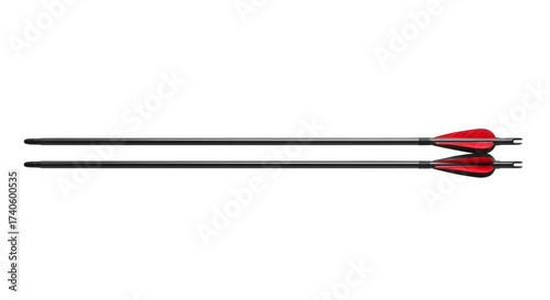 Pair of Black Carbon Archery Arrows with Bright Red Fletchings on a Clean White Background, Ready for Target Practice