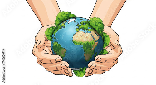 Two hands cupping a globe, symbolizing environmental protection and care for the planet.