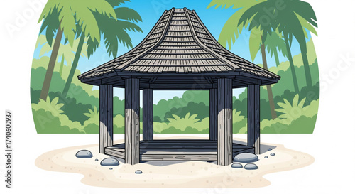 A cartoon illustration of a wooden gazebo on a sandy beach with palm trees in the background.