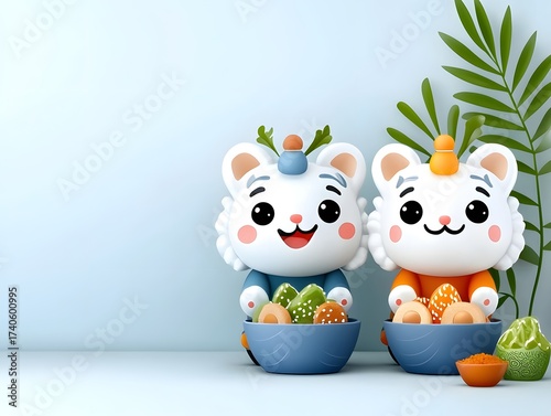 Cute 3D Cartoon Characters with Festive Treats