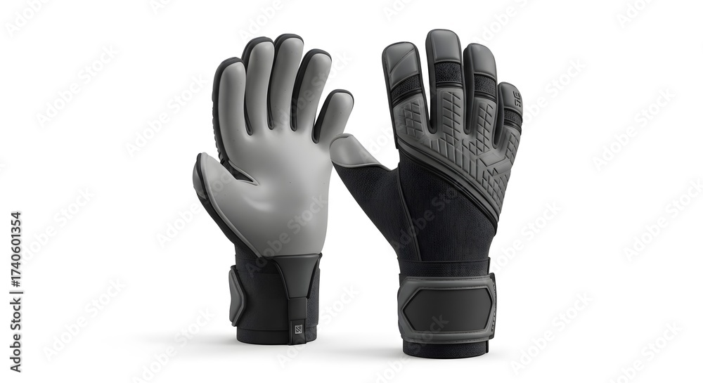 Obraz premium Professional Goalkeeper Gloves Pair in Black and Grey, Studio Shot on White Background for Sports Equipment and Protection