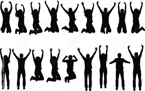 Jumping people silhouette collection, happy crowd vector illustration, energetic celebration, joy and freedom poses, teamwork success, black human figures isolated design set