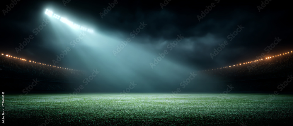 Obraz premium Empty illuminated sports field with bright floodlights and dark cloudy sky, creating a dramatic and focused atmosphere for nighttime events