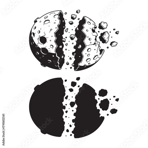Vector art of two abstract representations of a breaking planet, one detailed, one silhouetted silhouette art design