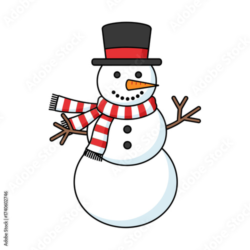 A cheerful snowman with a top hat, scarf, and twig arms, standing against a white background.