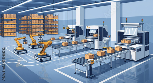 Automated factory line with robots and conveyor belts packaging boxes in a warehouse setting.