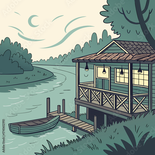 A charming wooden stilt house with a porch and lights sits beside a calm river with a rowboat docked at a wooden pier