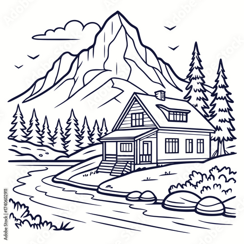 A charming line art illustration of a cozy house nestled by a river with majestic mountains and pine trees in the background under a cloudy sky